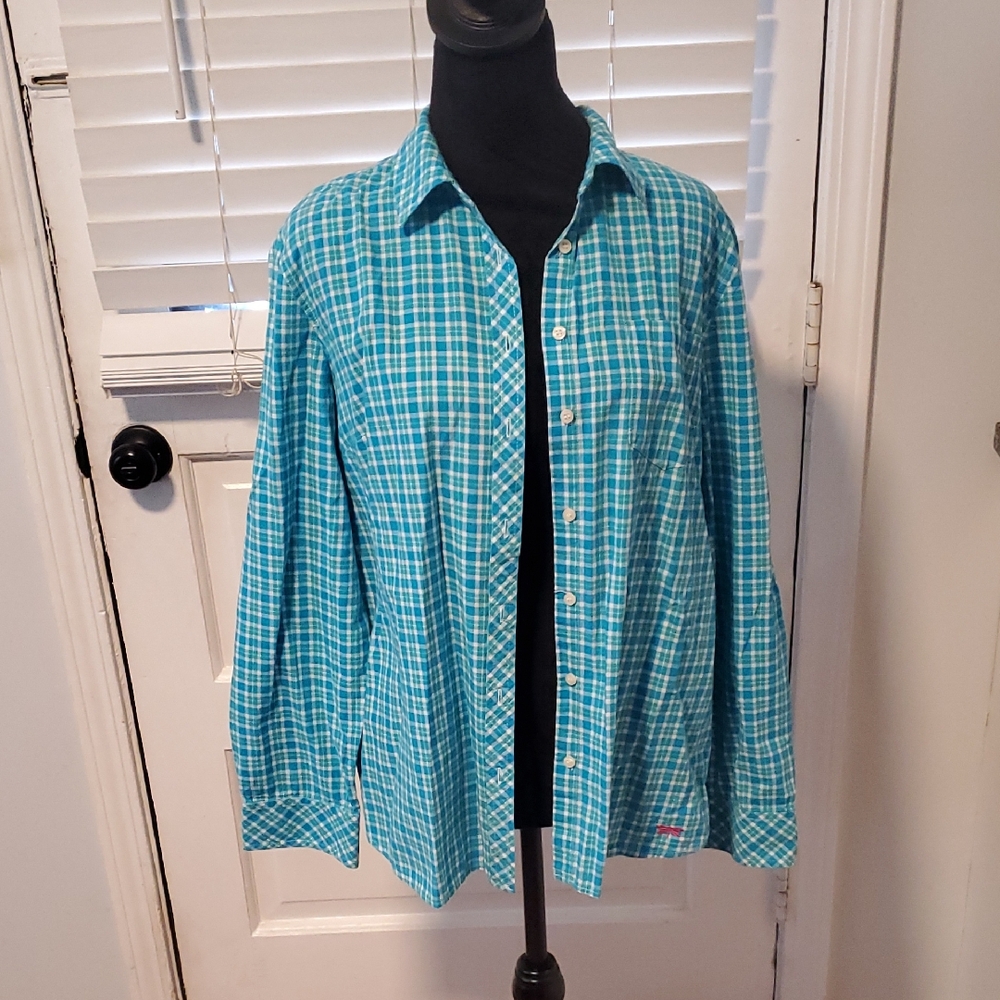 Talbots Turquoise, Blue And White Plaid Button Up Shirt